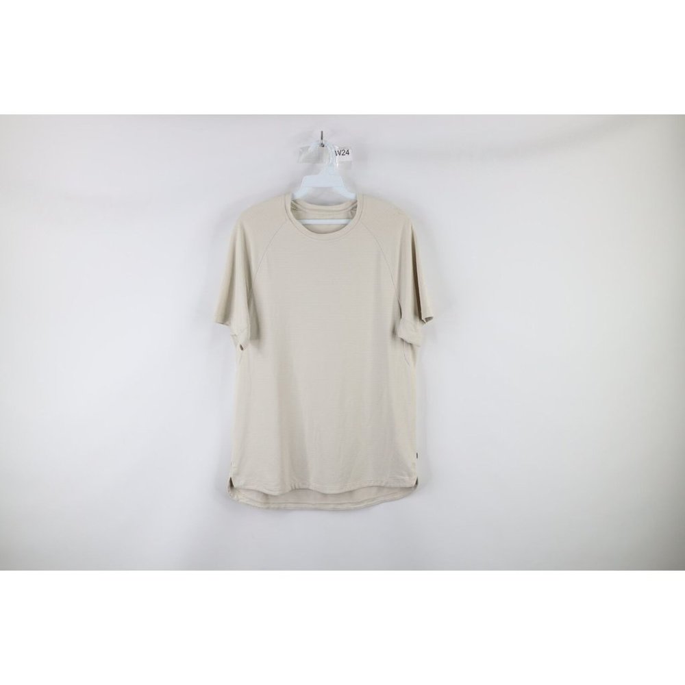 Stori Mens Small Striped Stretch Running Jogging Yoga Training T-Shirt Beige